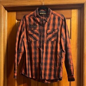 Harley-Davidson Women's Black and Orange Checkered Shirt